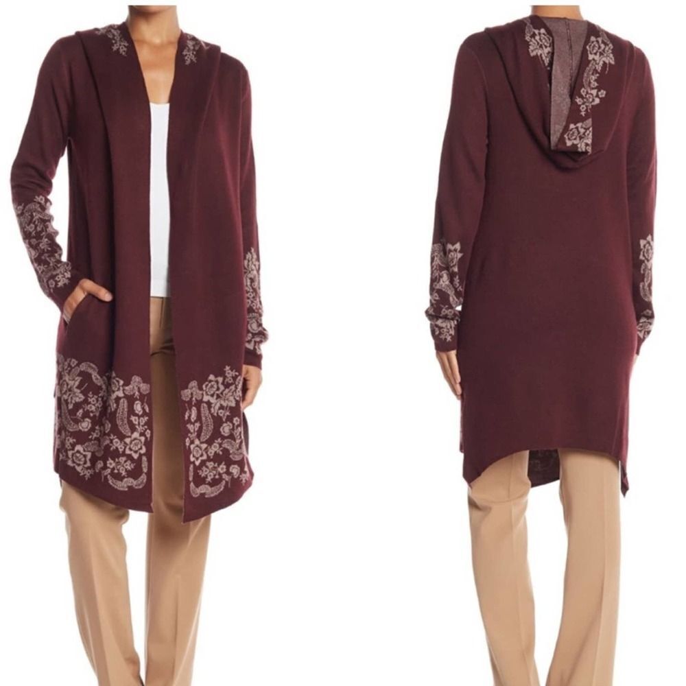 Vertigo Floral Knit Open Front Hooded Cardigan Lg